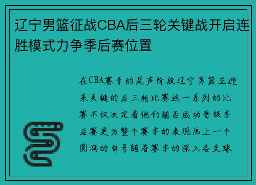 辽宁男篮征战CBA后三轮关键战开启连胜模式力争季后赛位置