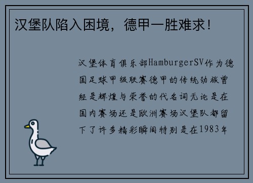 汉堡队陷入困境，德甲一胜难求！